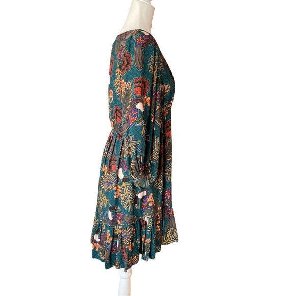 ANTHROPOLOGIE FARM RIO Ariyah Tiered V-Neck Botanical Mini Dress, Green Floral S - Picture 4 of 15